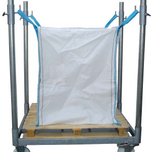 Verzinktes Universalrack für Big Bags, höhenverstellbar, stapelbar, und mit Handhubwagen bewegbar.