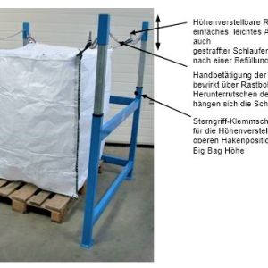 Stabiles Big Bag Gestell mit Schnellauslösung und U-förmiger Öffnung, für unterschiedliche Big Bag Größen.