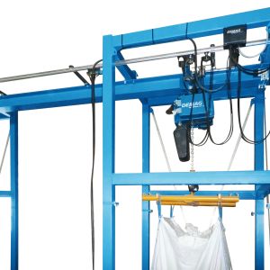 Doppelentleerstation mit Kettenzug für Big Bags – automatisiertes Einhängen und Entleeren, auch mit Fernsteuerung