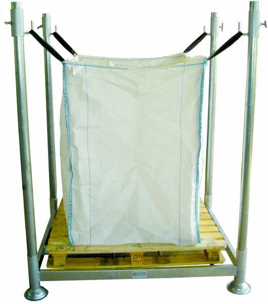 Stapelbares, verzinktes Universalrack für unterschiedliche Big Bag Größen, höhenverstellbar und sicher.