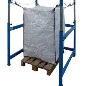 Big Bag Befüllgestell mit verstellbaren Haken und Ketten-Schnellauslösung, geeignet für verschiedene Big Bags.