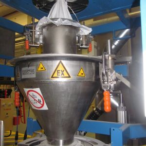Staubfreie Big Bag Verbindung durch Zweirohrkupplung, ATEX geeignet.