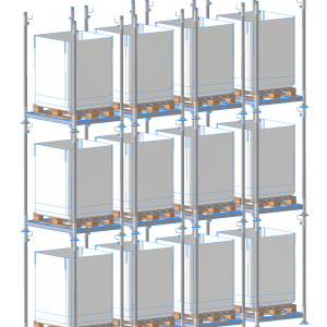Verzinktes Universalrack für Big Bag Lagerung und Befüllung, höhenverstellbar und mit Handhubwagen verfahrbar.